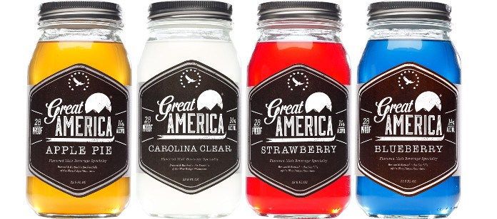 Four Jars of Great America Moonshine in Different Flavors on White Background
