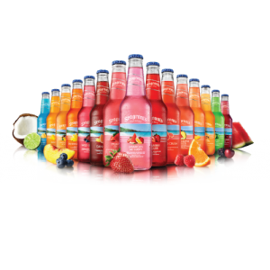 Selection of Seagrams Bottles of Different Flavors Lined Up on White Background with Pieces of Fruit