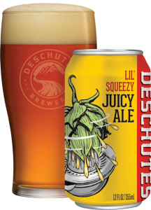 Can of Deschutes Lil’ Squeezy Juicy Ale Next to Full Glass