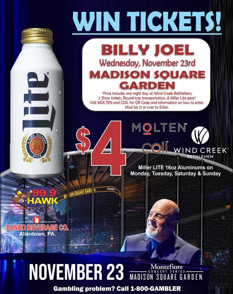 Photo of man playing piano adjacent to large beer can image. Enter to win Billy Joel Trip.